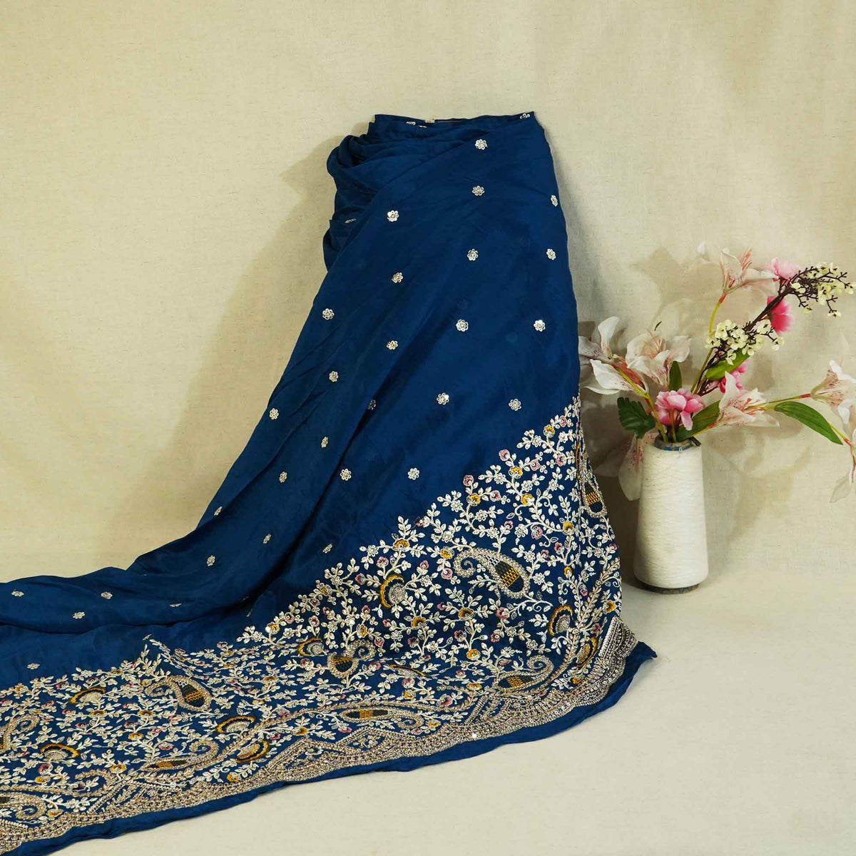 Navy Blue Thread Embroidery Chinon Fabric - Design For Destiny