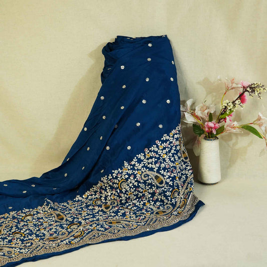 Navy Blue Thread Embroidery Chinon Fabric - Design For Destiny