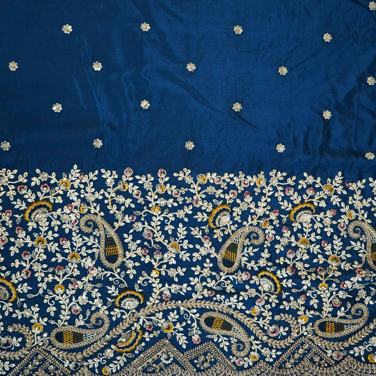Navy Blue Thread Embroidery Chinon Fabric - Design For Destiny
