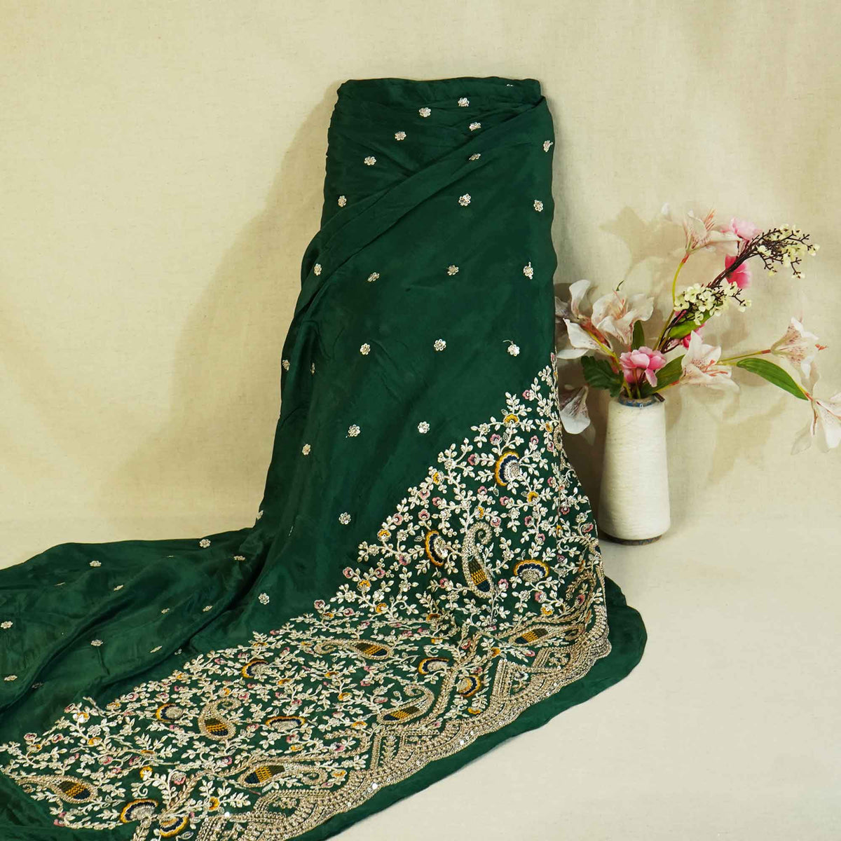 Green Thread Embroidery Chinon Fabric - Design For Destiny
