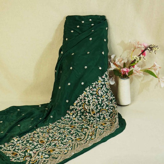 Green Thread Embroidery Chinon Fabric - Design For Destiny