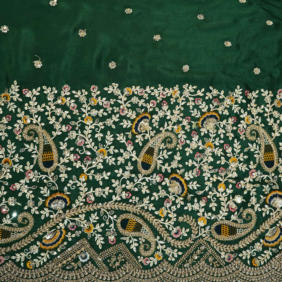 Green Thread Embroidery Chinon Fabric - Design For Destiny