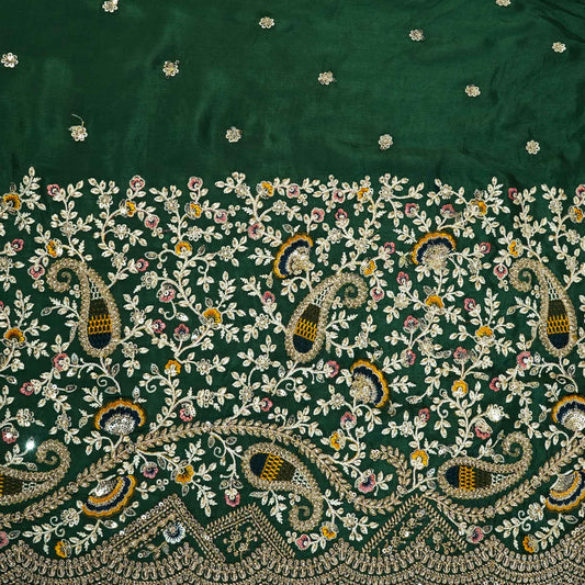 Green Thread Embroidery Chinon Fabric - Design For Destiny