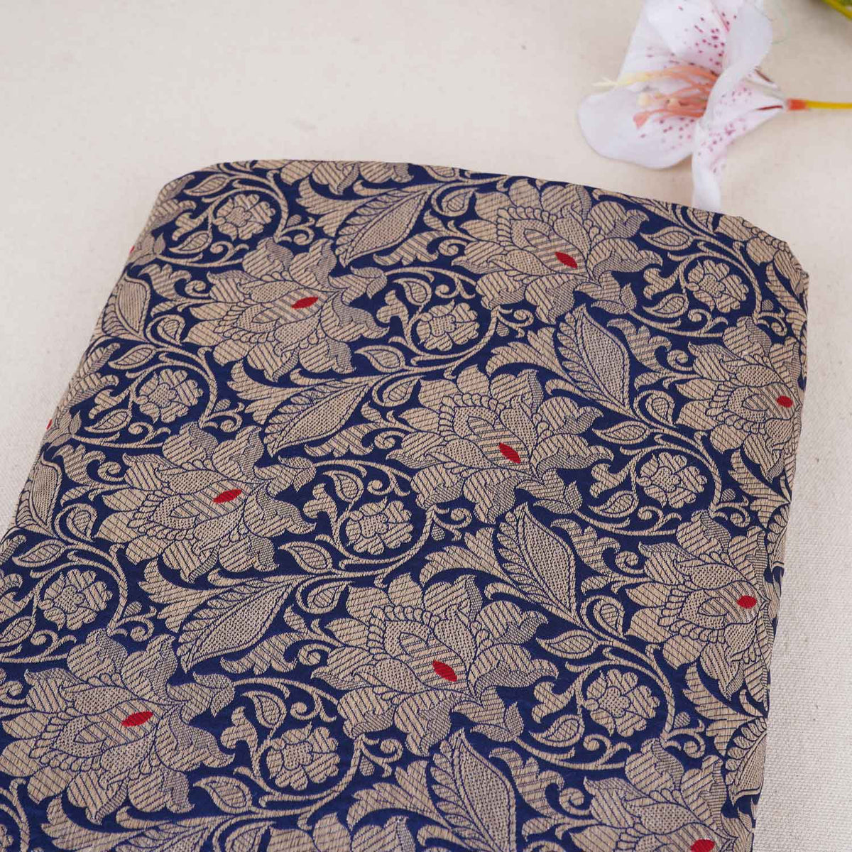 Navy Blue Silver Jaal Brocade Fabric - Design For Destiny