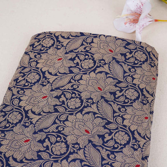 Navy Blue Silver Jaal Brocade Fabric - Design For Destiny