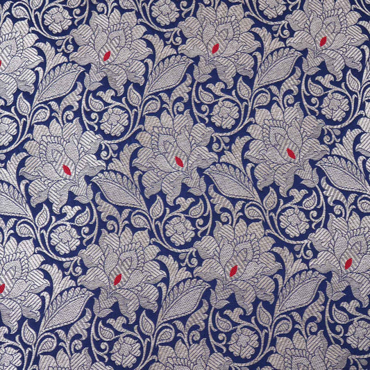 Navy Blue Silver Jaal Brocade Fabric - Design For Destiny