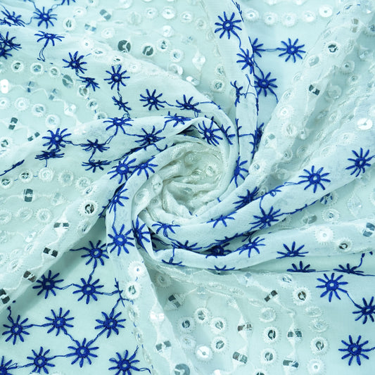 Off White Blue Thread Embroidery Georgette Fabric - Design For Destiny