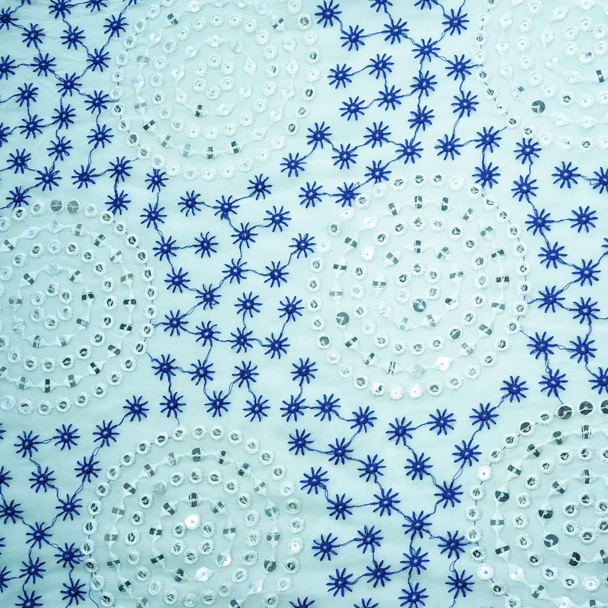 Off White Blue Thread Embroidery Georgette Fabric - Design For Destiny