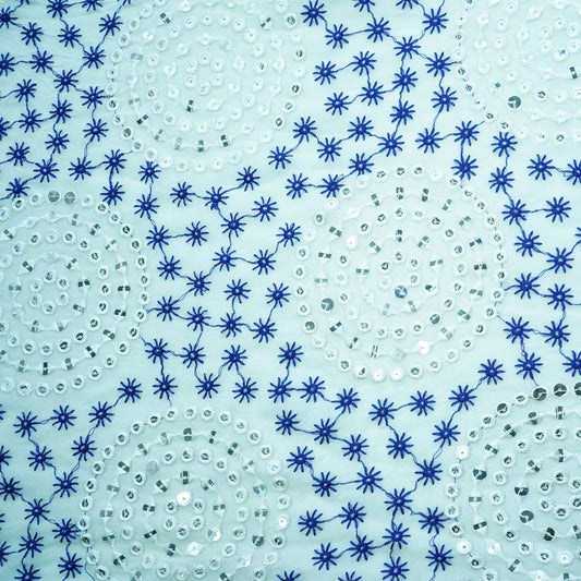 Off White Blue Thread Embroidery Georgette Fabric - Design For Destiny