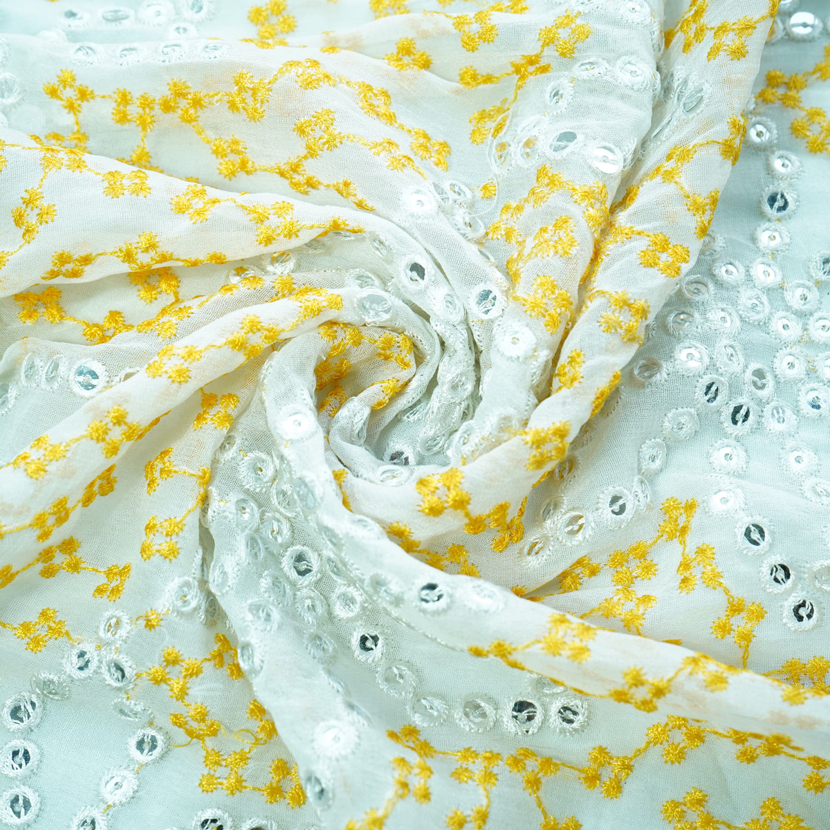 Off White Yellow Thread Embroidery Georgette Fabric - Design For Destiny