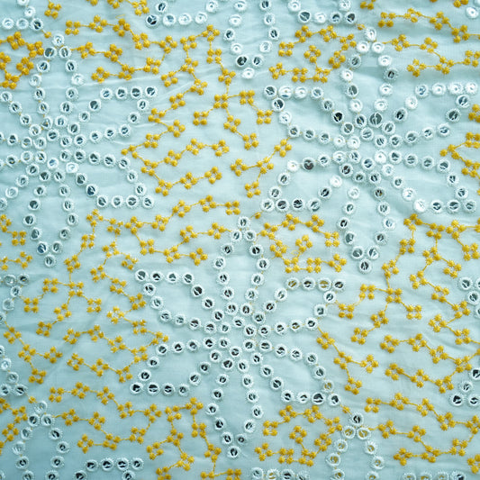 Off White Yellow Thread Embroidery Georgette Fabric - Design For Destiny