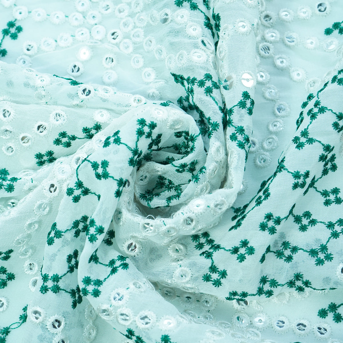 Off White Green Thread Embroidery Georgette Fabric - Design For Destiny