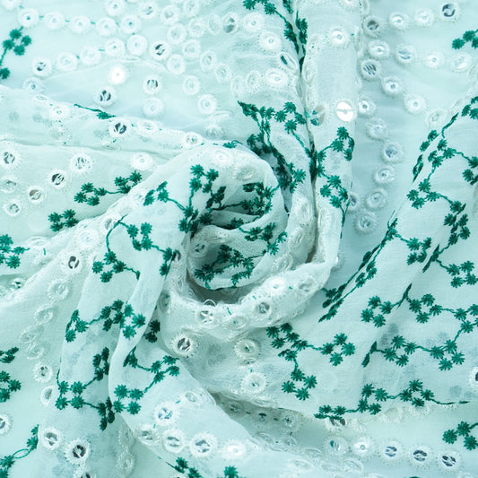 Off White Green Thread Embroidery Georgette Fabric - Design For Destiny