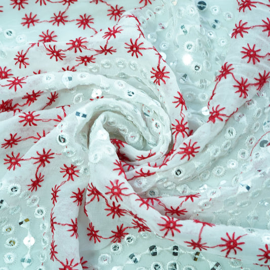 Off White Red Thread Embroidery Georgette Fabric - Design For Destiny