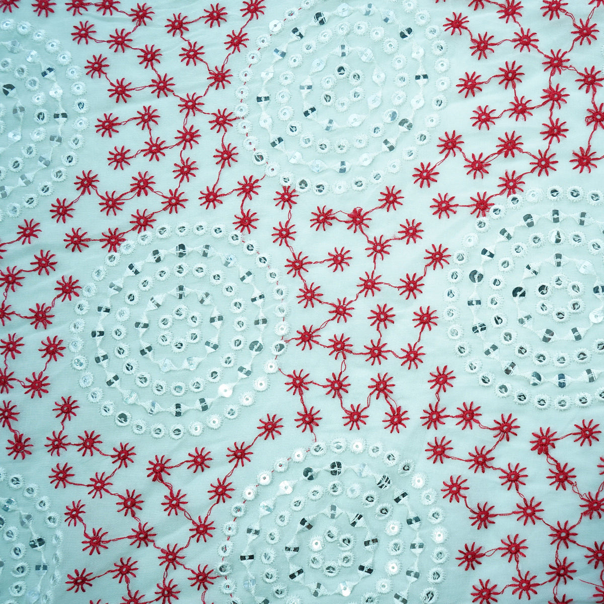 Off White Red Thread Embroidery Georgette Fabric - Design For Destiny