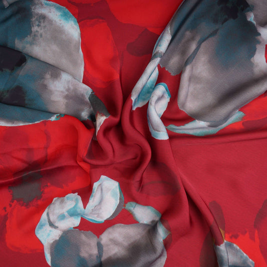 Red floral print Modal Satin Fabric - Design For Destiny