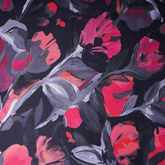 Black with Pink floral print Modal Satin Fabric - Design For Destiny