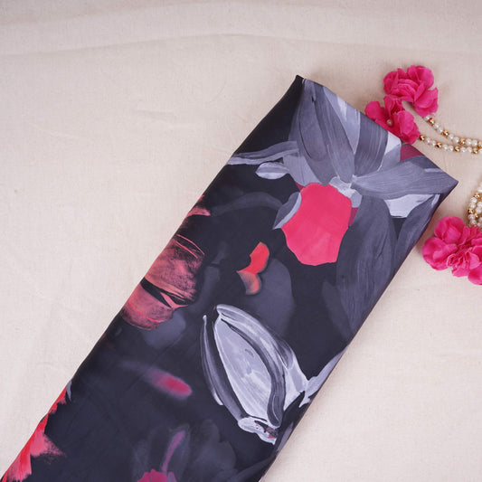 Black with Pink floral print Modal Satin Fabric - Design For Destiny