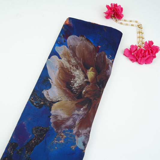 Navy Blue floral print Modal Satin Fabric - Design For Destiny