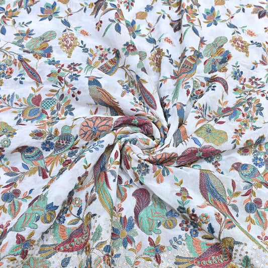WHITE GEORGETTE COLORFUL BIRD & FLORAL EMBROIDERY FABRICS 54" – DESIGNER EMBROIDERED FABRIC - Design For Destiny