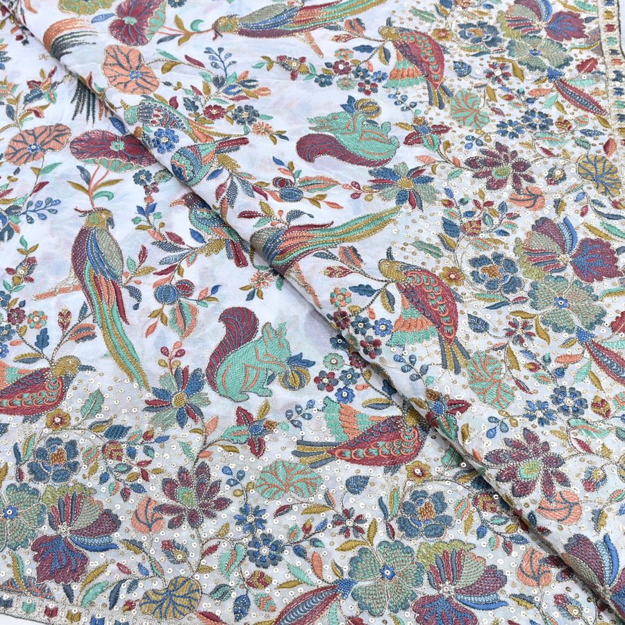 WHITE GEORGETTE COLORFUL BIRD & FLORAL EMBROIDERY FABRICS 54" – DESIGNER EMBROIDERED FABRIC - Design For Destiny