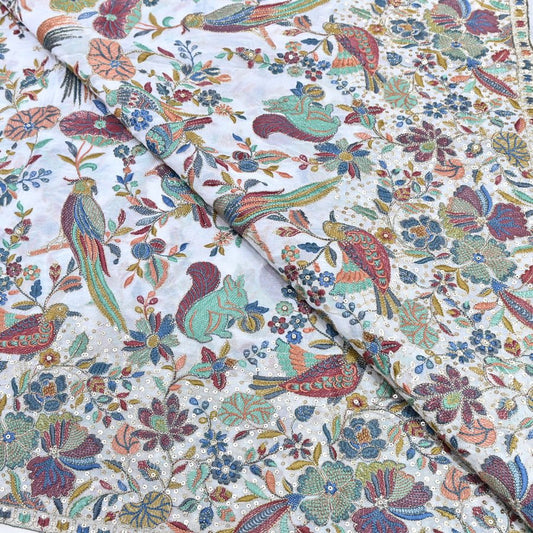 WHITE GEORGETTE COLORFUL BIRD & FLORAL EMBROIDERY FABRICS 54" – DESIGNER EMBROIDERED FABRIC - Design For Destiny