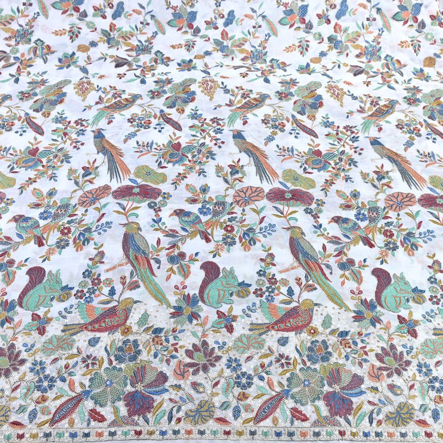 WHITE GEORGETTE COLORFUL BIRD & FLORAL EMBROIDERY FABRICS 54" – DESIGNER EMBROIDERED FABRIC - Design For Destiny