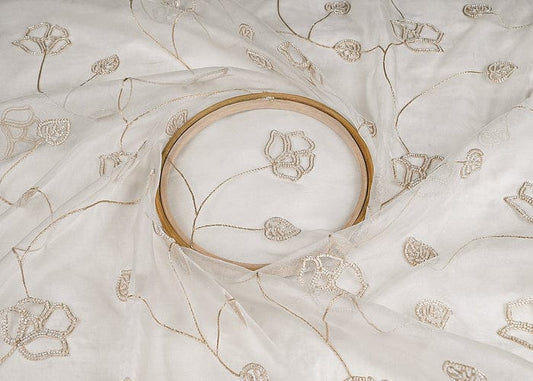 White Dyeable Pure Organza Fabric With All Over Zari And Beads Work PG-102 - Design For Destiny
