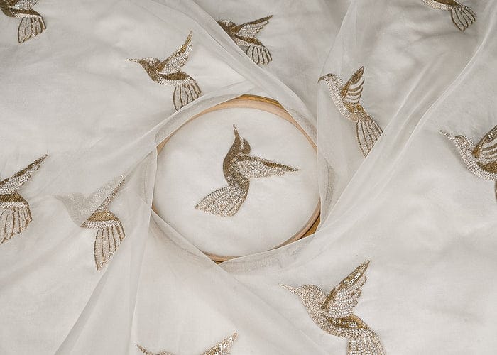 White Dyeable Pure Organza Fabric With All Over Zari And Beads Work PG-103 - Design For Destiny