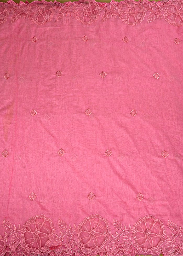 Baby Pink Chanderi Dupatta Fabric With All Over Thread Work And Two Side Organza Cutwork Border PG-105 - Design For Destiny