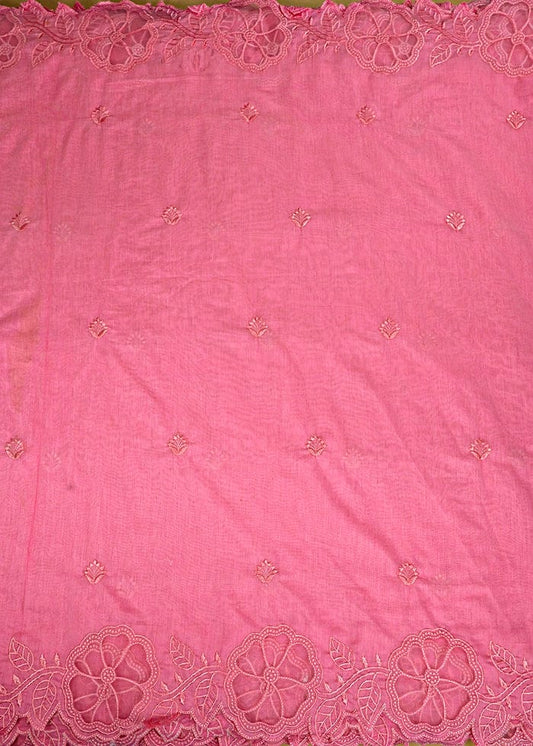 Baby Pink Chanderi Dupatta Fabric With All Over Thread Work And Two Side Organza Cutwork Border PG-105 - Design For Destiny