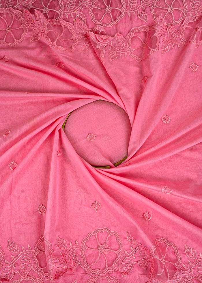 Baby Pink Chanderi Dupatta Fabric With All Over Thread Work And Two Side Organza Cutwork Border PG-105 - Design For Destiny