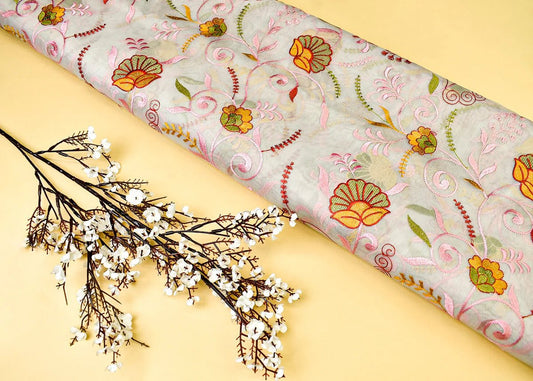 Light Grey Organza Fabric All Over Thread Work PG 15155 - Design For Destiny