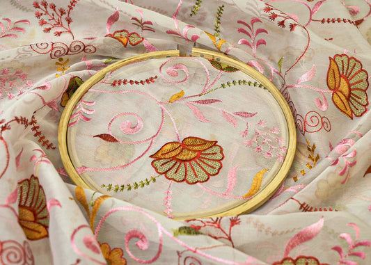 Light Grey Organza Fabric All Over Thread Work PG 15155 - Design For Destiny
