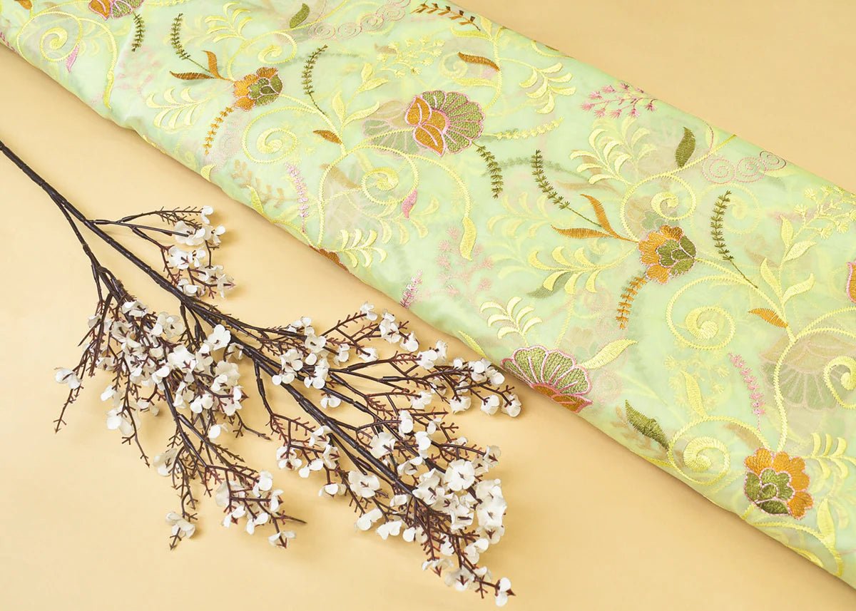 Pista Green Organza Fabric with All Over Thread Work PG 15154 - Design For Destiny