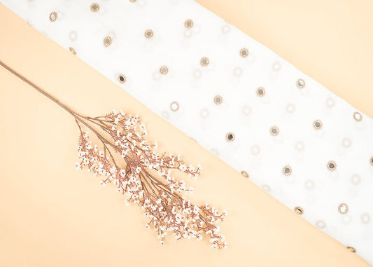 White Georgette Dyeable Fabric With All Over Buti Of Golden Zari And Faux Mirror Work PG 22411 - Design For Destiny