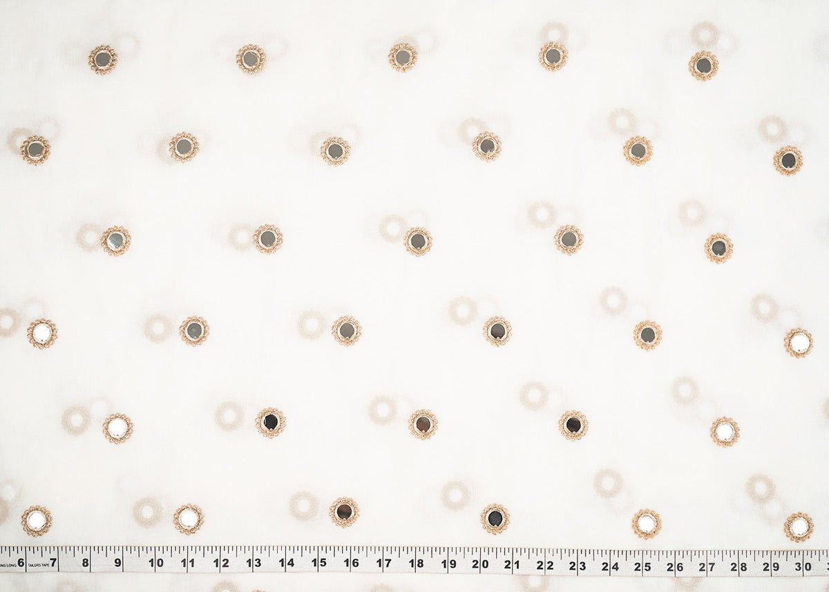 White Georgette Dyeable Fabric With All Over Buti Of Golden Zari And Faux Mirror Work PG 22411 - Design For Destiny