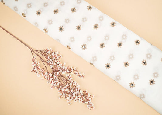 White Georgette Dyeable Fabric With All Over Buti Of Golden Zari And Faux Mirror Work PG 22409 - Design For Destiny