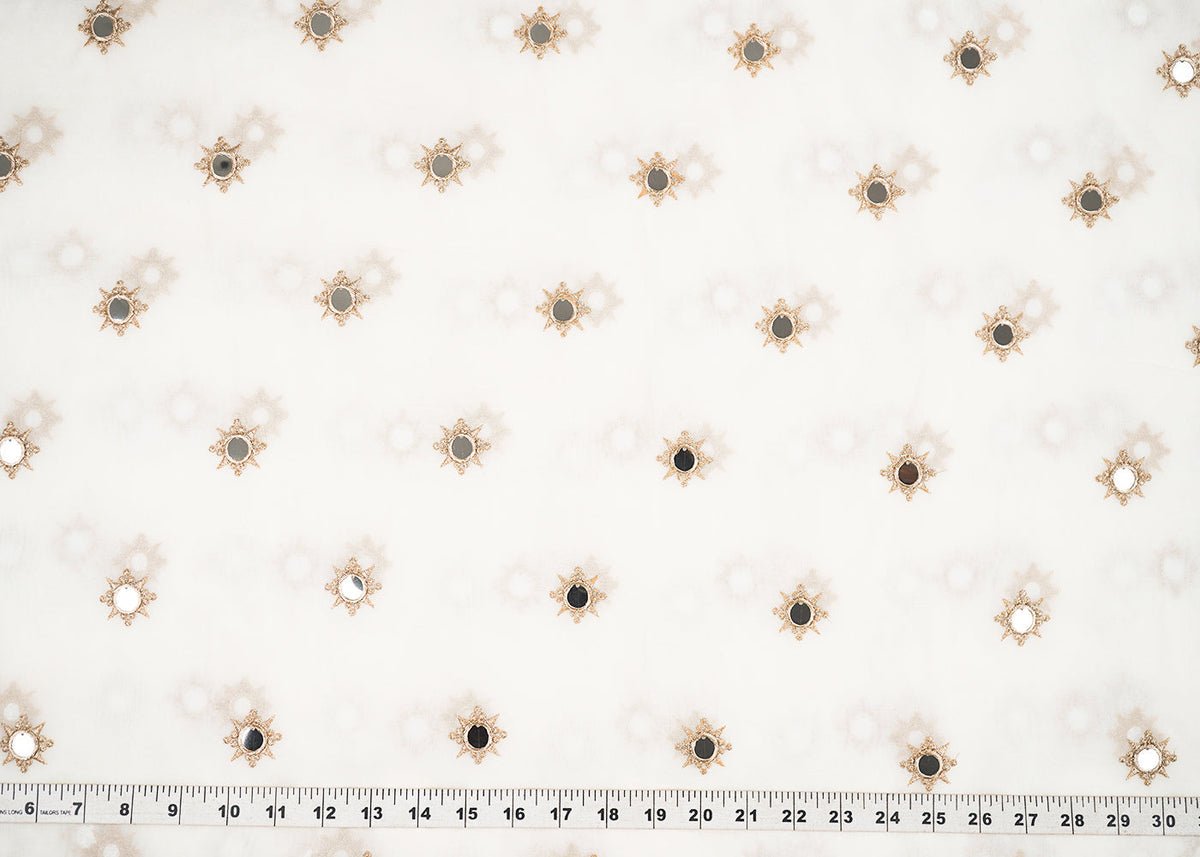 White Georgette Dyeable Fabric With All Over Buti Of Golden Zari And Faux Mirror Work PG 22409 - Design For Destiny