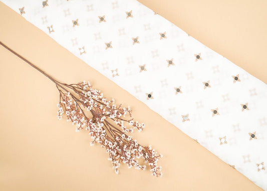 White Georgette Dyeable Fabric With All Over Buti Of Golden Zari And Faux Mirror Work PG 22413 - Design For Destiny