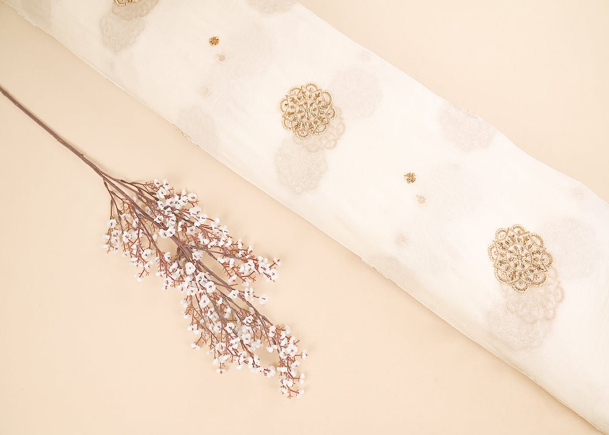 White Dyeable Georgette Fabric With All Over Sequins, Beads And Katdana Work PG 22143 - Design For Destiny