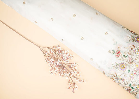 White Dyeable Georgette Fabric With All Over Buti Of Sequins, Katdana And Bead Work With One Side Border PG 21721