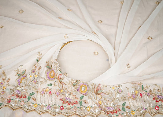 White Dyeable Georgette Fabric With All Over Buti Of Sequins, Katdana And Bead Work With One Side Border PG 21721