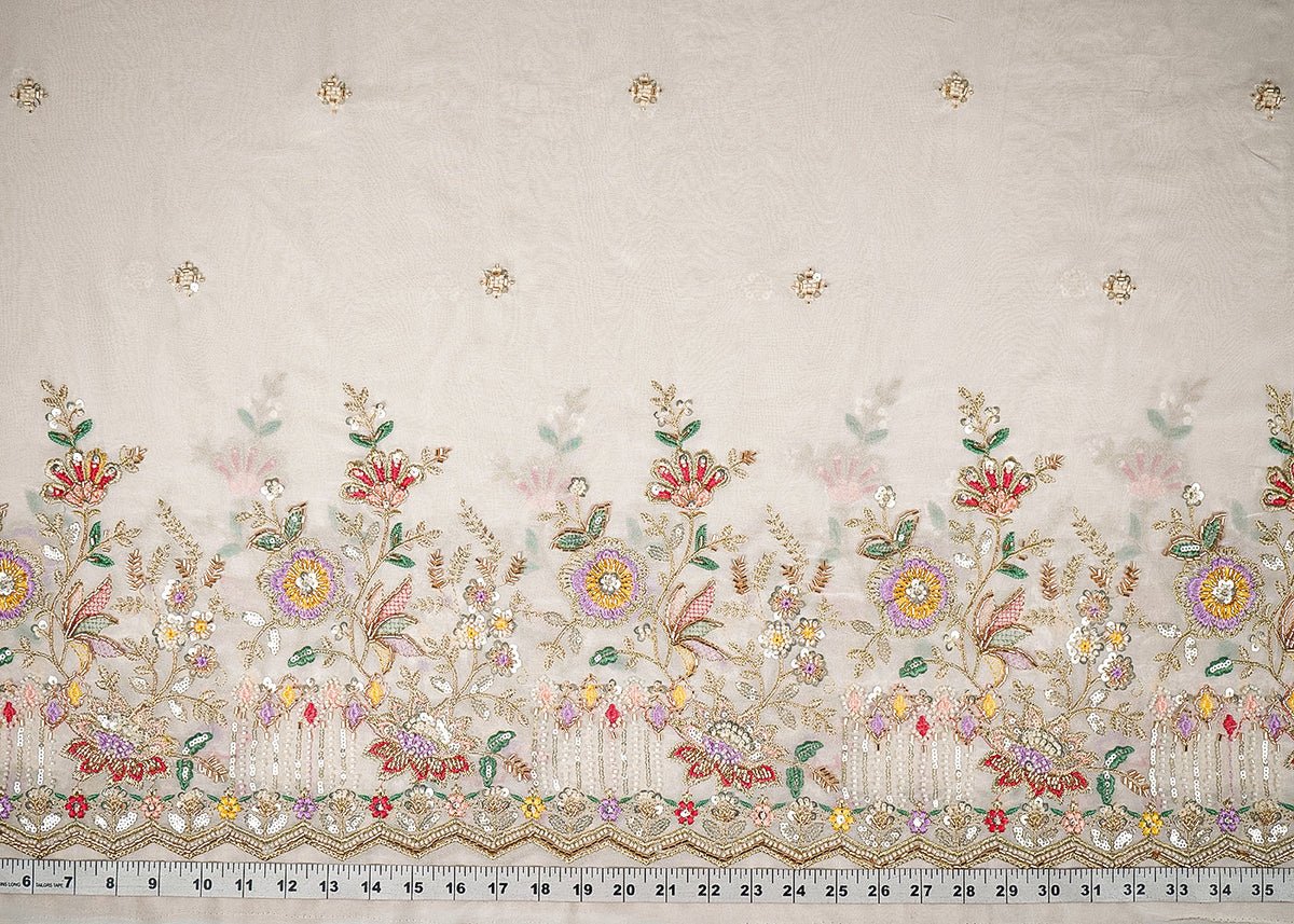 White Dyeable Georgette Fabric With All Over Buti Of Sequins, Katdana And Bead Work With One Side Border PG 21721