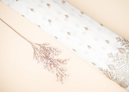 White Dyeable Georgette Fabric With All Over Buti Of Zari, Bead, Sequins And Katdana Work With One Side Border PG 21674 -