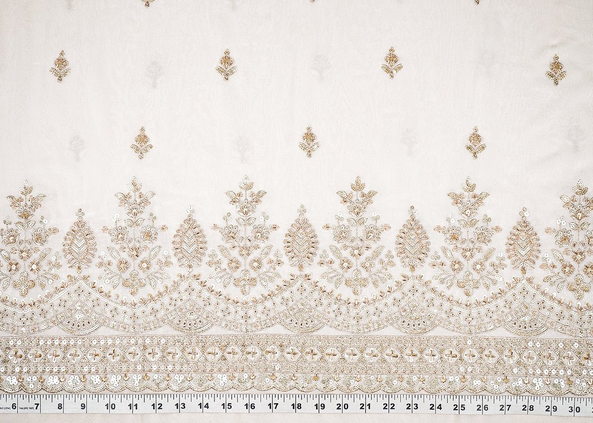 White Dyeable Georgette Fabric With All Over Buti Of Zari, Bead, Sequins And Katdana Work With One Side Border PG 21674