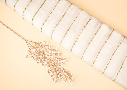 White Dyeable Georgette Fabric With All Over Stripes of Sequins And Katdana Work PG 21490 - Design For Destiny
