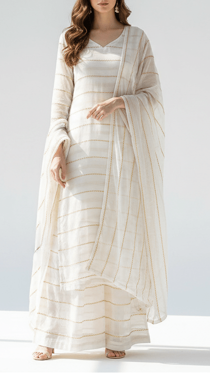 White Dyeable Georgette Fabric With All Over Stripes of Sequins And Katdana Work PG 21490 - Design For Destiny