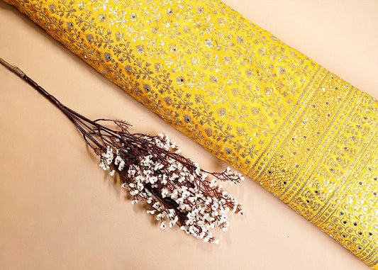 Yellow Silk Fabric with All Over Sequins and Mirror Work and One Side Heavy Border PG 16048 - Design For Destiny