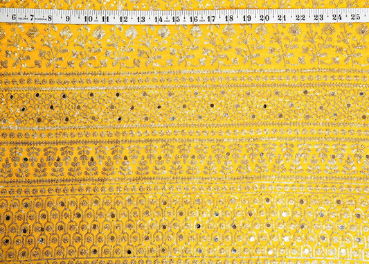 Yellow Silk Fabric with All Over Sequins and Mirror Work and One Side Heavy Border PG 16048 - Design For Destiny
